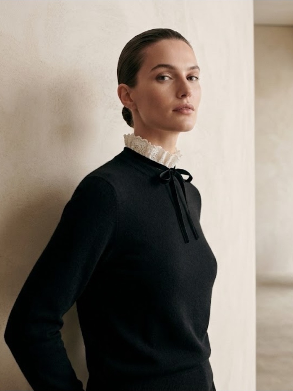 Sezane Wool Cashmere Long Sleeve Sweater Detachable Silk Ruffled Collar